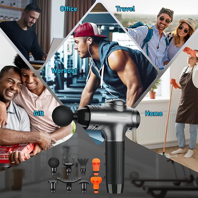 RAEMAO Massage Gun, Massage Gun Deep Tissue, Back Massage Gun for Athletes for Pain Relief Attaching 10 PCS Replacement Heads, Percussion Massager with 10 Speeds & LED Screen, Grey - Bloomnest