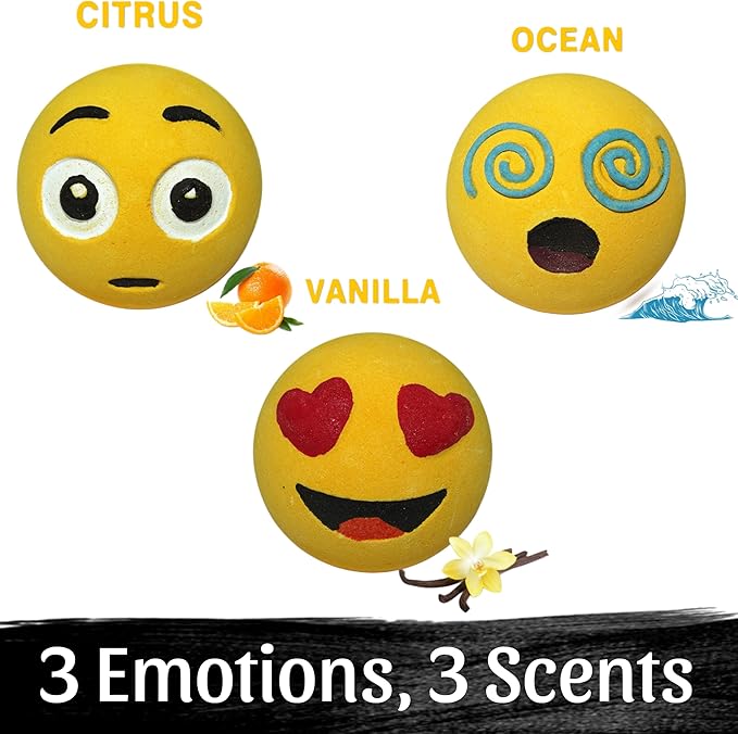3 Large Emotion Face Bath Bombs (250g) – Fun Emoji-Inspired Spa Fizzies – Handmade with Shea Butter, Cocoa Butter & Essential Oils – Moisturizing Gift Set for Women, Men & Kids - Bloomnest