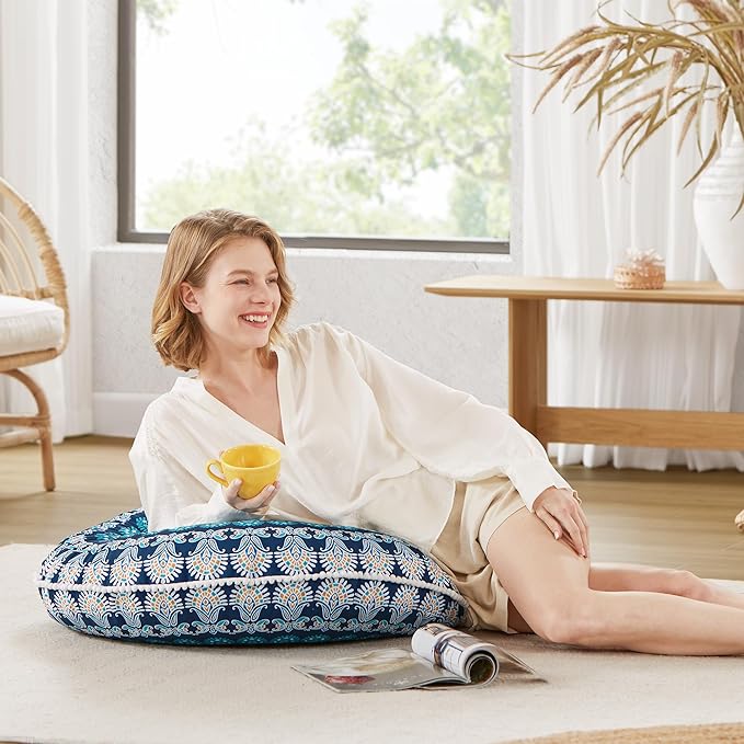 Codi Meditation Floor Pillow, Round Large Pillows Seating for Adults, Bohemian Mandala Circle Cushion for Outdoor Fireplace Yoga Living Room, 32 Inch, Memory Foam Added, Navy