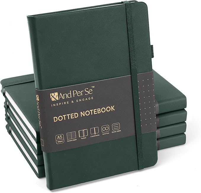 &And Per Se Dotted Journal Notebook (5 Packs), A5 Hardcover Leather Dotted Journal, 160 Pages 100 gsm Thick Paper, 3 Sheets of Stickers Included- 5.7'' x 8'' (Green - Bloomnest