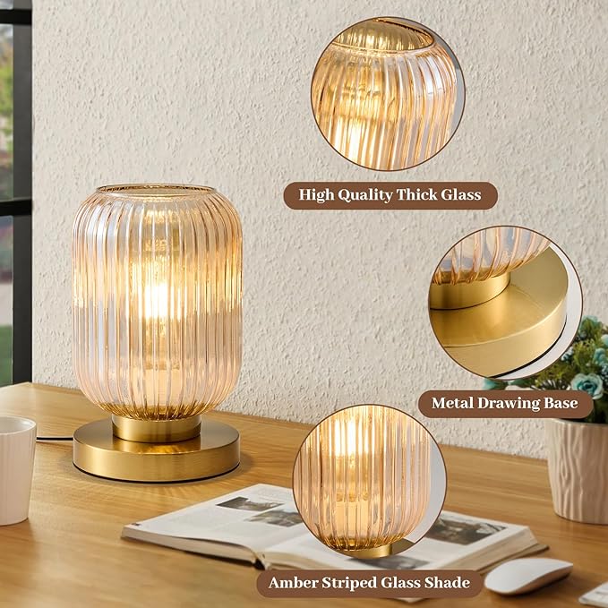 Glass Table Lamps Mid Century Modern Globe, Dimmable Amber Glass Table Lamp for Nightstand, Small Gold Table Lamp, Amber Pumpkin Design Ribbed Vintage Bedside Lamp for Bedroom Living Room Office - Bloomnest