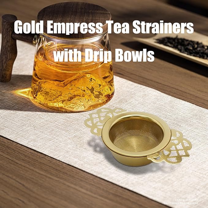 3Pcs Gold Empress Tea Strainers with Drip Bowls, Stainless Steel Mesh Tea Infuser, with Elegant Double Winged Handles for Better Experience