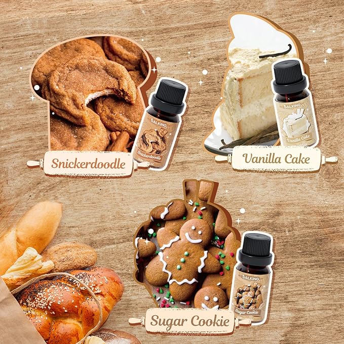 SALKING Bakery Fragrance Oils, Premium Essential Oil for Diffuser, Scented Oil Set for Soap Candle Making - Chocolate Chip Cookies, Apple Pie, Cinnamon Rolls, Vanilla Cake, Snickerdoodle, Sugar Cookie - Bloomnest