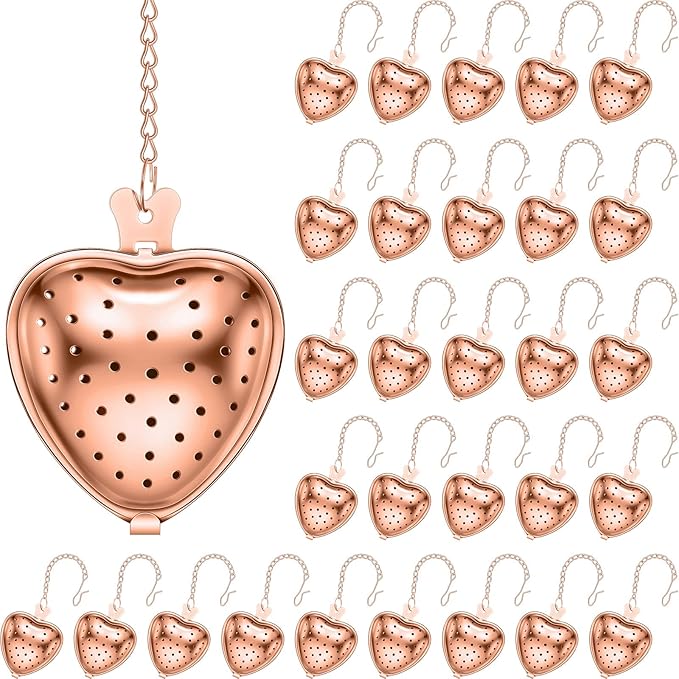 Sumind 50 Pcs Stainless Steel Tea Strainer Ball Infuser Loose Leaf Steeper Interval Diffuser Heart Shape Mesh Filters with Extended Chain Hook for tea party Seasonings Cup Bottle(Rose Gold) - Bloomnest