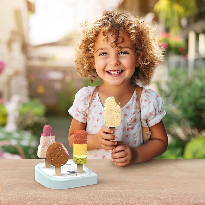 SPEEDY MONKEY Wooden Ice Cream Bar Stand with 4 Treats – FSC Certified Popsicle & Gelato Pretend Play Dessert Counter for Kids, Sweet Food Role Play Toy for Toddlers, Boys & Girls, Ice Cream Cart Set - Bloomnest