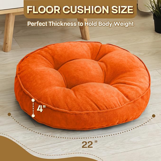 Floor Pillow Set of 2, Memory Foam Floor Cushions for Adults, Large Round Meditation Pillow for Sitting, 22 x 22 Inches (Round | Orange)