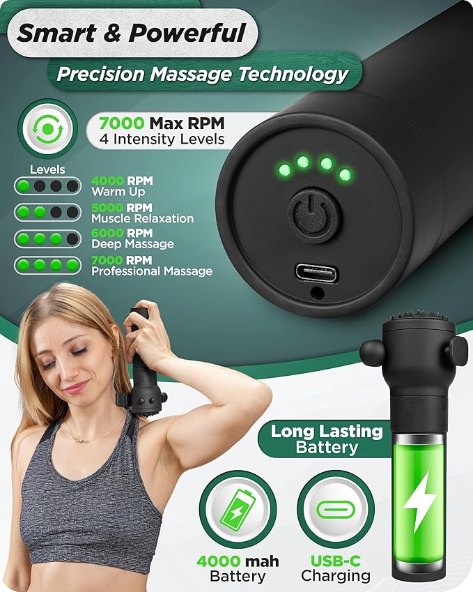 LX28 Deep Tissue Massage Gun, Portable Handheld Vibration Massager for Neck, Back & Legs, 7 Heads & 4 Speeds, Rechargeable, Lightweight Full Body Muscle Therapy - Bloomnest