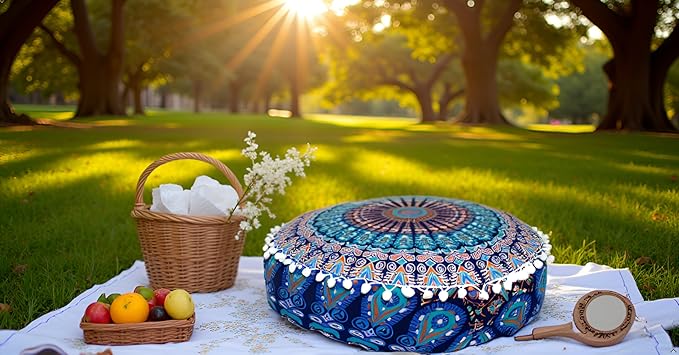 INDIAN CRAFT CASTLE ICC Mandala Barmeri Large Floor Pillow Cover Cushion Meditation Seating Ottoman Throw Cover Hippie Decorative Zipped Bohemian Pouf Ottoman Cases Blue Ombre 24" Round - Bloomnest