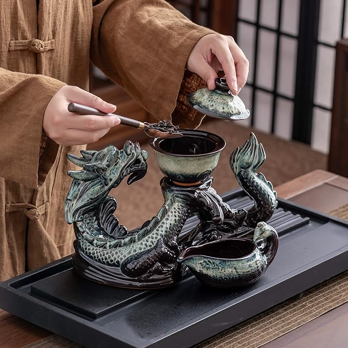 Ceramic Teapot with Infuser Semi Automatic Tea Set Magic Teapot with 8 cups Gradient Color (Gradient Dragon- A) - Bloomnest