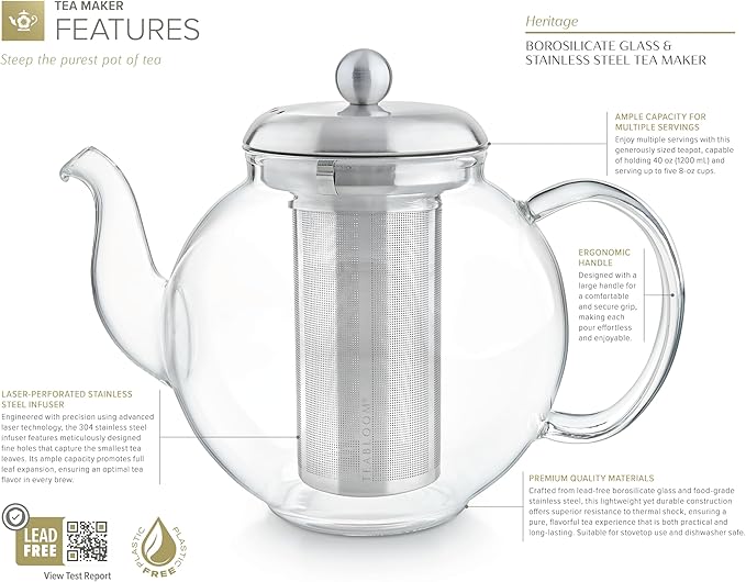 Teabloom Heritage Borosilicate Glass Teapot – 40 oz Classic Round Design with Stainless Steel Infuser – Stovetop Safe, Drip-Free Spout, Durable Heat-Resistant Tea Kettle for Loose Leaf or Teabags - Bloomnest