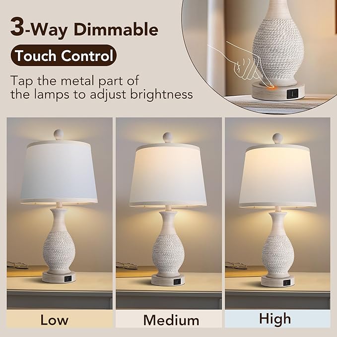 PARTPHONER Traditional Table Lamps Set of 2, Bedside Touch Lamp with USB C+A Charging Ports, Rustic Farmhouse Table Lamps for Living Room Bedroom, Side Table Lamp with White Fabric Shade, Antique Grey - Bloomnest