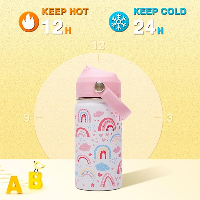 14oz Kids Insulated Water Bottle with Straw Lid - 18/8 Stainless Steel Kid Cup Travel Tumbler Double Wall Vacuum Leak Proof Portable Toddler Water Bottle (Rainbow + Mermaid) - Bloomnest