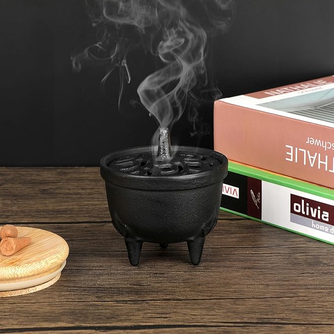 JUXYES Vintage Tripod Incense Burner Holder with Lid, Cast Iron Incense Holder Metal Cauldron Censer Antique Cone Coil Incense Burner Holder for Incense Resins, Cones, Charcoal or Wax Melts - Bloomnest
