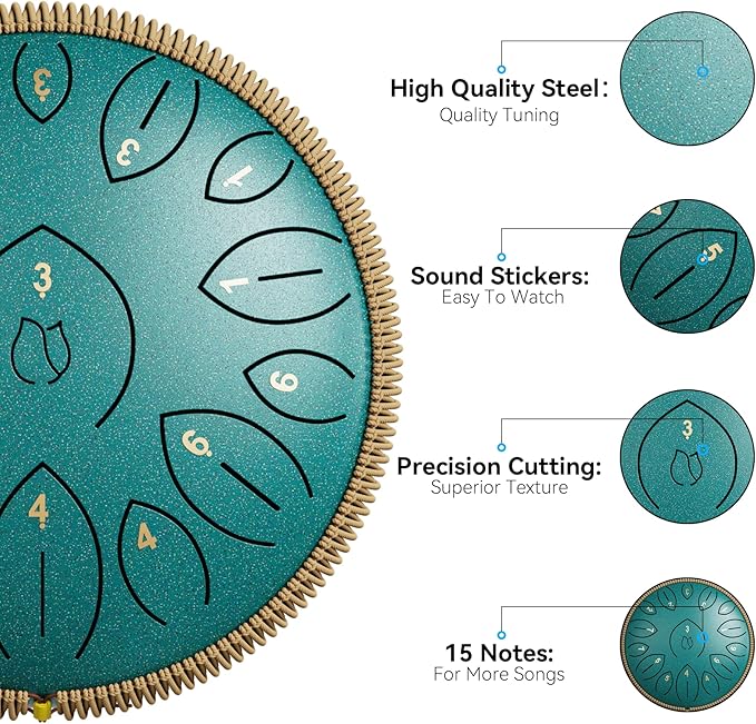 Steel Tongue Drum 12 Inch 15 Notes, Steel Drums Instruments for Kids Adults, Hand Pan Drum with Music Book, Drum Mallets and Carry Bag, Handpan C Major, Malachite Green - Bloomnest