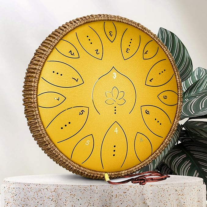 Steel Tongue Drum 13 Inches 15 Notes, Hand Pan Drums for Adults 440hz, C Major Handpan Musical Instrument with Song Book, Mallets and Carry Bag, Yellow - Bloomnest