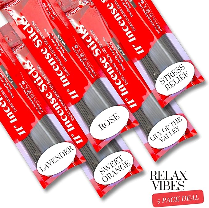 Aroma Depot Relax Vibes 11'' Incense Sticks - Variety Set 500 Pack - 11 inch - 5 Bundles 100 Sticks Per Fragrance Scent. Set Features Lavender, Lily of The Valley, Rose, Stress Relief, Sweet Orange