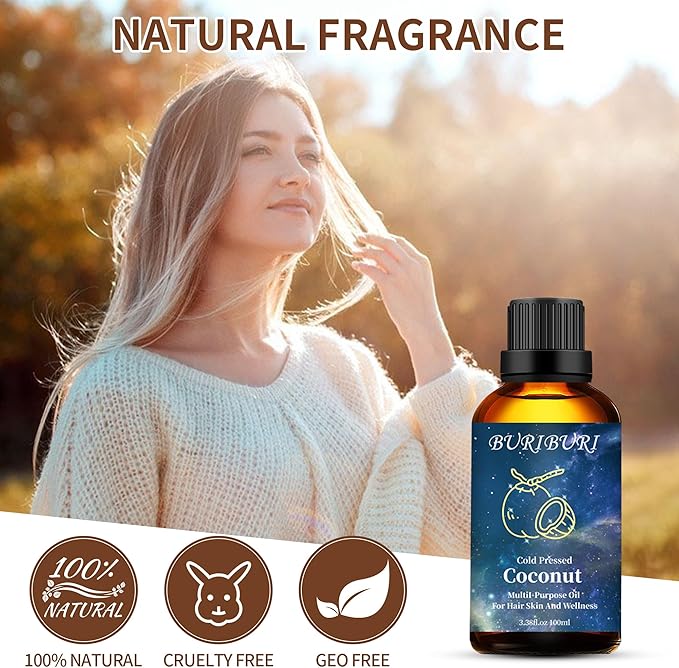 BURIBURI Coconut Essential Oil 100ml Premium Grade Scented Oil Coconut Fragrance Oil Carrier Oil for Diffusers, Massage, Candle Making Soap Making BURIBURI