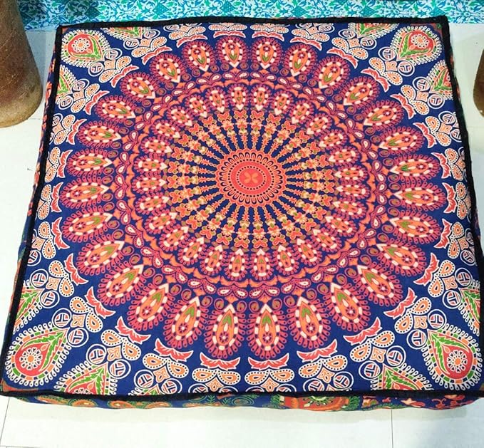 ICC 24" Orange Peacock Mandala Barmeri Large Floor Pillow Cover Cushion Meditation Seating Ottoman Throw Cover Hippie Decorative Zipped Bohemian Pouf Ottoman Pom Pom Cases 24" Square - Bloomnest