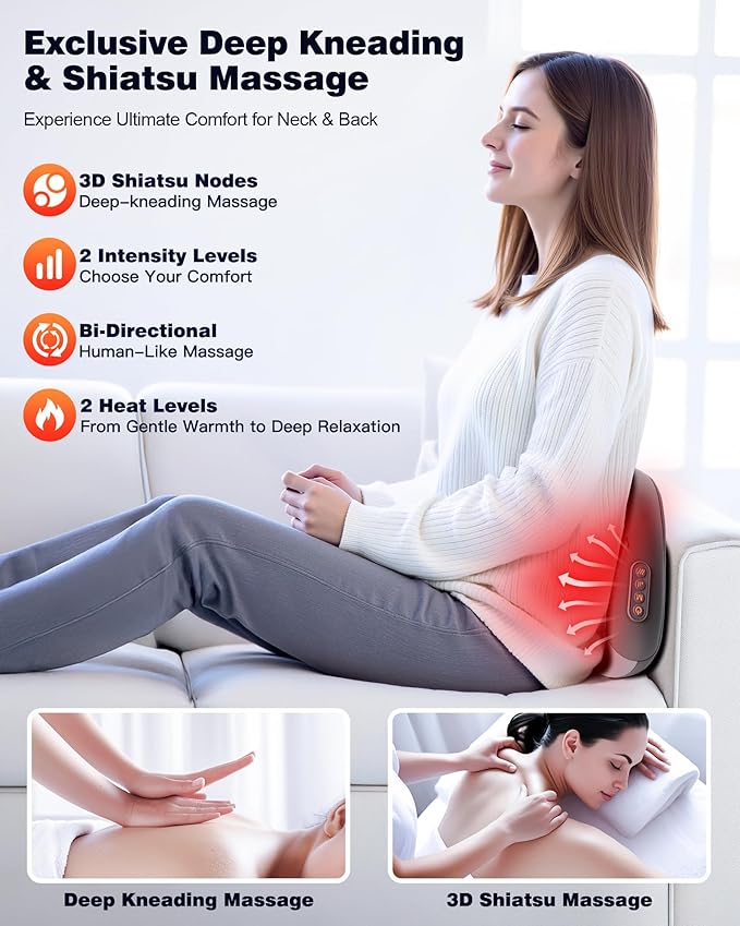 Shiatsu Back and Neck Massager with Heat – Deep Kneading Massage Pillow for Relaxation – Corded Design for Full Body Use - for Loved Ones - Bloomnest