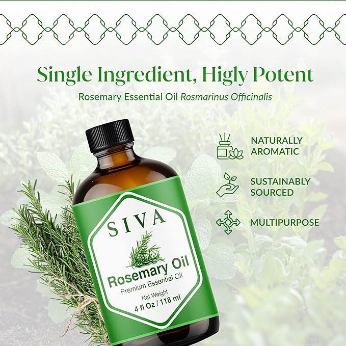 Siva Rosemary Essential Oil - 4 Fl Oz – 100% Natural Rosemary Oil - for Diffuser, Face, Skin Care, Aromatherapy, Hair Care, Scalp and Body Massage - with Dropper - Bloomnest