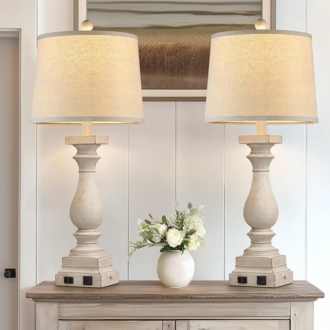 28" Tall Farmhouse Table Lamps with USB C+A Ports and AC Outlet, 3 Way Touch Control Rustic Bedside Lamps for Bedroom, Beige Vintage Nightstand Lamps for Living Room Office - Bloomnest