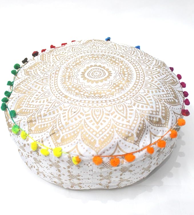 INDIAN CRAFT CASTLE ICC Mandala Barmeri Large Floor Pillow Cover Cushion Meditation Seating Ottoman Throw Cover Hippie Decorative Zipped Bohemian Pouf Ottoman Cases White Gold, 24" Round - Bloomnest