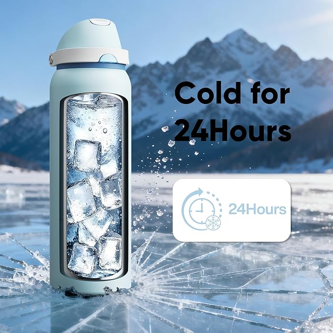 Insulated Water Bottle with Straw - Encool Stainless Steel Water Bottle with Push Button Lid, Leak-Proof & BPA-Free, Keeps Cold for 24 Hours for Sports, Travel, Gym (40 oz, Jungle Mist) ENCOOL