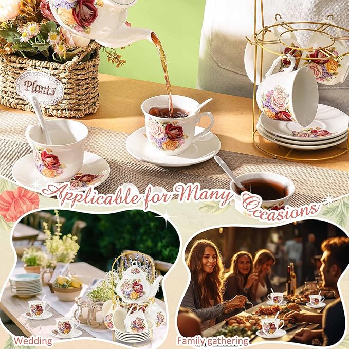 Zhehao 20 Pcs Porcelain Tea Set with Metal Holder and Spoon Adult Ceramic Tea Set European Flower Painting Teapot Cup Saucer Spoon for Women, Large Version(Styleish Style) - Bloomnest