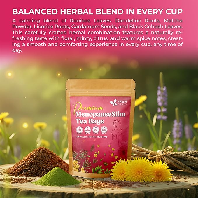 FreshDrinkUS, MenopauseSlim 40 Tea Bags – Herbal Blend with Rooibos, Dandelion Root, Matcha, Licorice, Cardamom & Black Cohosh – Smooth, Earthy Flavor – Premium Quality, Naturally Caffeine-Free Tea - Bloomnest