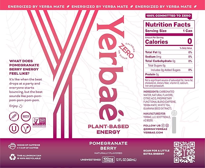 Yerbaé Energy Seltzer - Pomegranate Berry, No Sugar/Calories/Carbs. Energized by Yerba Mate, Naturally Caffeinated Plant-Based, Healthy Alternative to Coffee, Sugary Sodas, Pack of 12, 12oz cans - Bloomnest