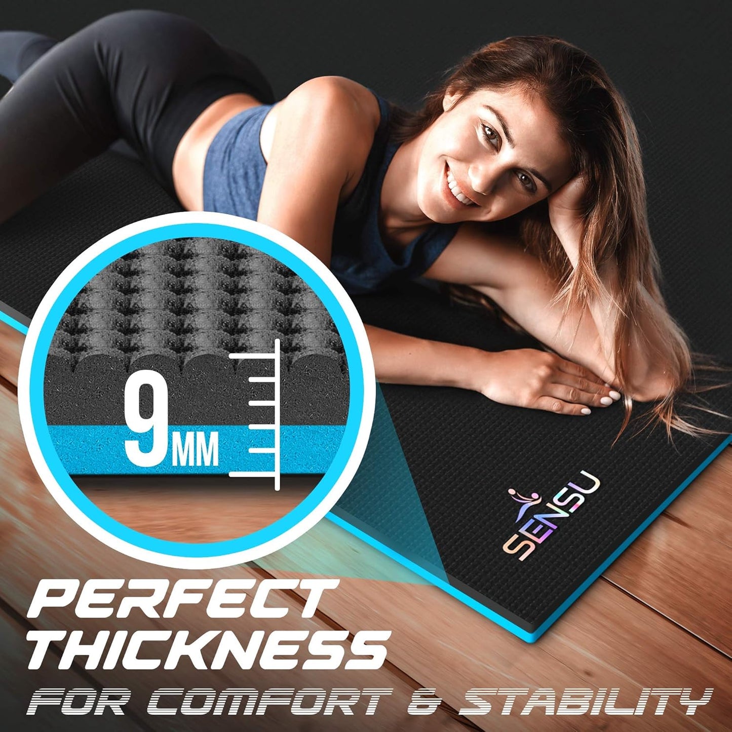 Sensu Large Yoga Mat – 6' x 4' x 9mm Extra Thick Yoga Mat for Men and Women – Non-Slip Surface for Extra Grip – Ideal for Hot Yoga, Pilates, Grounding and Meditation at Home or in Studios