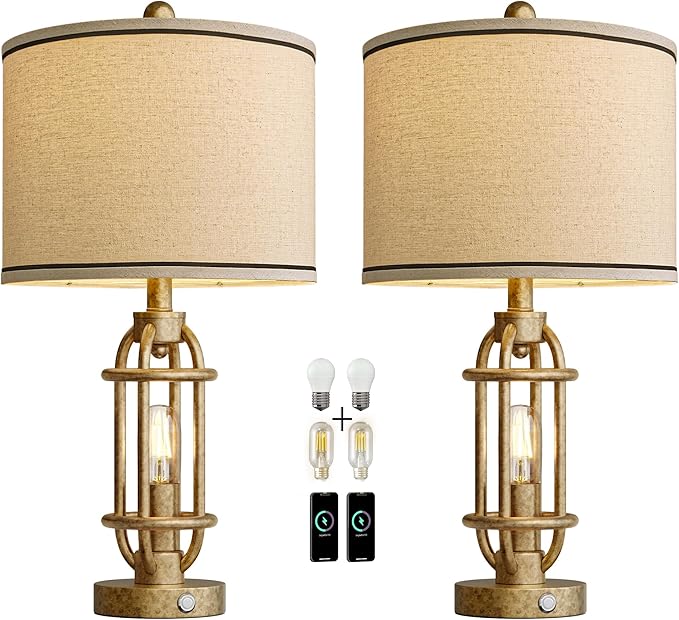 23.75'' Table Lamps Set of 2 for Living Room Bedroom Industrial Farmhouse Metal Touch Lamps with USB A+C Ports, Night Light Vintage Nightstand Bedside Lamp, Bulbs Included, Champagne Gold - Bloomnest