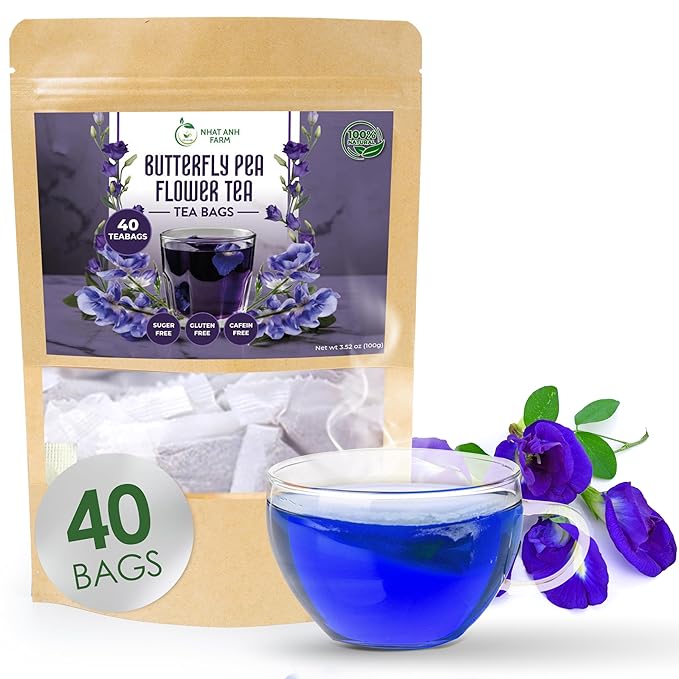 Nhat Anh Farm - Premium Butterfly Pea Tea Bags - Dried Butterfly Pea Flower Tea Bags - 40 Teabags, 2.5g/bag), 100% Natural & Pure/Sugar/Caffeine/Gluten Free. Good For Your Health - Bloomnest