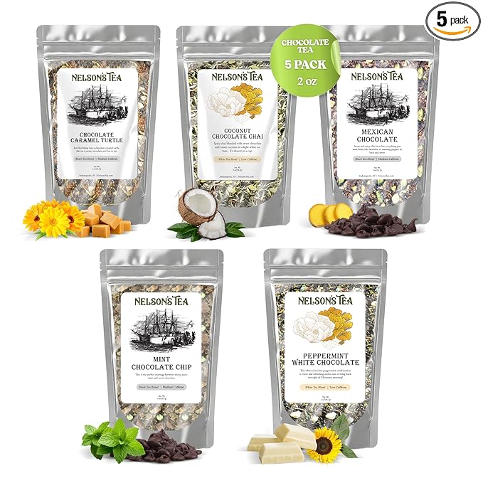 Nelson's Tea Chocolate Sampler Pack Tea - Loose Leaf Tea Sampler - Choc. Caramel Turtle, Coconut Choc Chai, Mexican Chocolate, Mint Chocolates Chip, Peppermint White-Chocolate - 2 Oz Sizes - Bloomnest