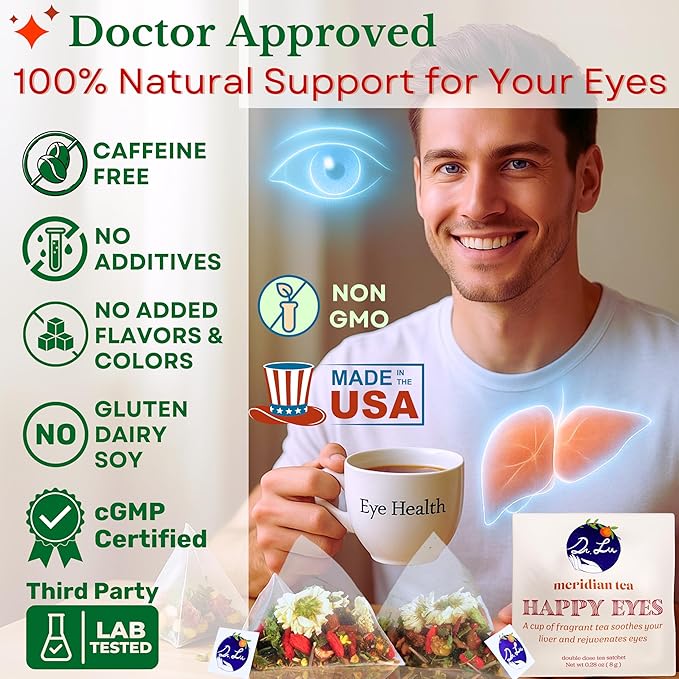 Dr. Lu’s Happy Eyes Tea | 100% Natural Eyebright Tea for Liver Cleanse | Liver Detox tea for Eye Health | Chrysanthemum, Cassia Seed, Goji Berry 8 Premium Herbs in Corn Fiber Pyramid Bags | Made in US - Bloomnest