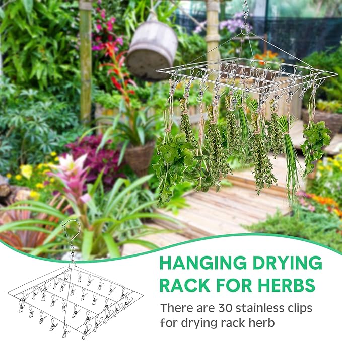 Bokon 4 Pcs Hanging Drying Rack for Herb Macrame Flower with Stainless Clip Dryer Hook for Drying Herb Air Plants Spices Flower Hydroponic Plant Ready to Use with Ceiling Hook(Square) - Bloomnest