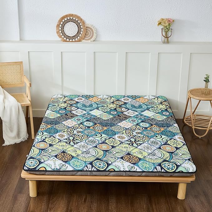 Japanese Floor Mattress Twin, Anti-Slip Japanese Futon Foldable Tatami Mat for Guests, Boho Green Checkered - Bloomnest