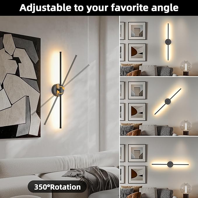 Wall Sconces Battery Operated Set of 2, Black LED Wireless Wall Sconce with Remote Control 350° Rotating, 27.6 Inch Dimmable USB Rechargeable Wall Lights for Living Room Bedroom Hallway - Bloomnest