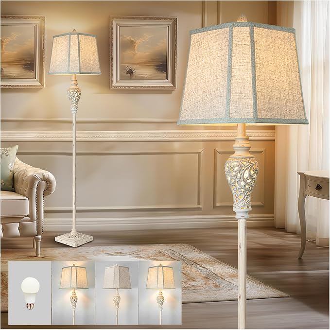 Rustic Floor Lamp 65'' Tall with Nightlight Cut Corner Linen Fabric Shade Vintage Standing Lamp for Living Room, Bedroom, Office, House (Bulb Included) - Bloomnest