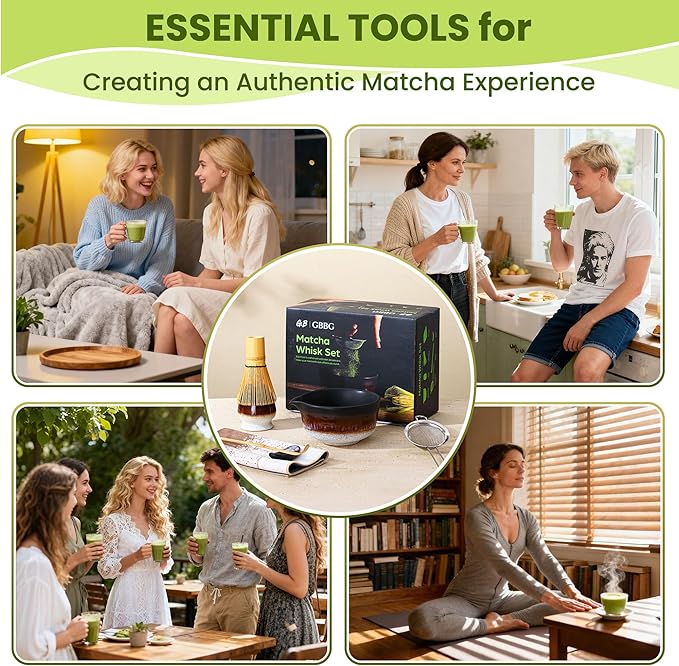 Matcha Whisk Set, Ceramic Matcha Set Desert Series, Matcha Bowl, Matcha Whisk and Holder, Bamboo Scoop, Scoop Rest, Sifter and Tea Towel 7 Pcs Matcha Kit for Birthday Christmas Gift (Matte Black) - Bloomnest