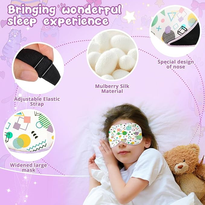 Kids Sleep Mask Eye Cover: 100% Real Natural Pure Silk Eye Mask with Adjustable Strap, Funny Blindfold Kids Eye Mask for Sleeping, Soft & Lightweight Eye Shade for Boys Girls Teens (Memphis Style) - Bloomnest