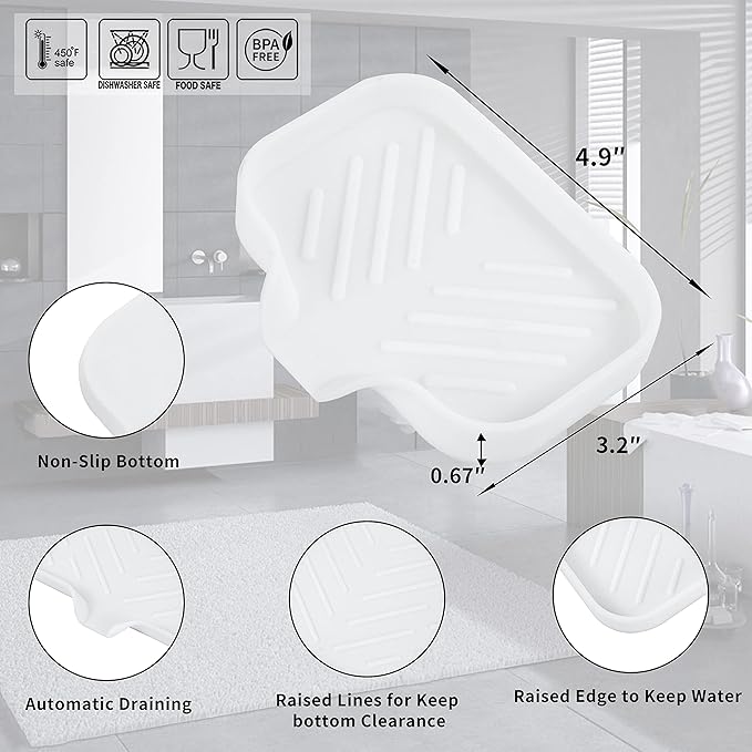 Silicone Bathroom Soap Dishes with Drain Spout-Bathroom and Kitchen Sink Organizer,Sponge Holder,Dish Soap Tray,Perfect for Dispenser,Scrubber,Bottle,Cup on Sink or Counter-White 4.9"×3.2" - Bloomnest