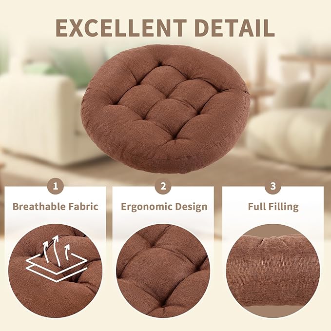 Meditation Floor Pillow, 2 Pack Round Floor Cushions for Adults, Button Tufted Seat Cushions for Yoga Tatami Living Room, Brown, 22 x 22 x 4 in
