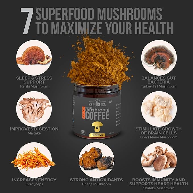 La Republica Founders Reserve Decaf Instant Mushroom Coffee Organic (35 Servings), Premium 50% More Shrooms, Rich Flavor - Bloomnest