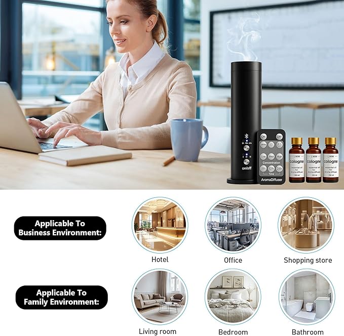 Waterless Essential Oil Diffuser for Home Large Room – 300m³ Coverage Aroma Scent Machine with Remote, 3 Intensity Levels & Timer, Quiet Operation; Ideal for Office & Spa Black (Includes 3×100ml Oils) - Bloomnest