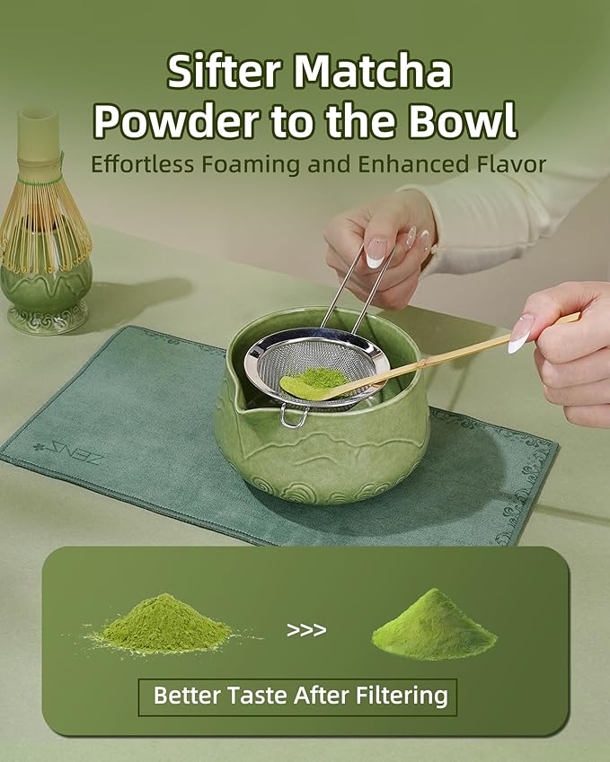 ZENS Matcha Whisk Set, 6Pcs Matcha Kit Set Includes Ceramic Bowl, Bamboo Whisk and Chasen Holder,Scoop, 304 Stainless Sifter & Tea Mat, Matcha Set for Tea Ceremony, Blue - Bloomnest