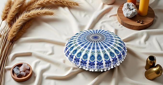 CRAFT KALA Boho Large Floor Pillow Pouf Cover Mandala Meditation Room Pillow Cover for Adults Round Bohemian Seating Pouf Cushion Cover for Kids Playroom 22" Green Sky Peacock - Bloomnest