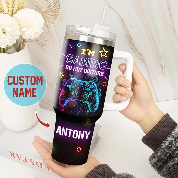 WAZONE Personalized Gamer Tumbler Nutrition Facts Customized Gaming Tumbler 40oz with Handle and Straw Insulated Travel Mugs Birthday Christmas Gifts for Video Game Lovers Pro Gamers Men Women - Bloomnest