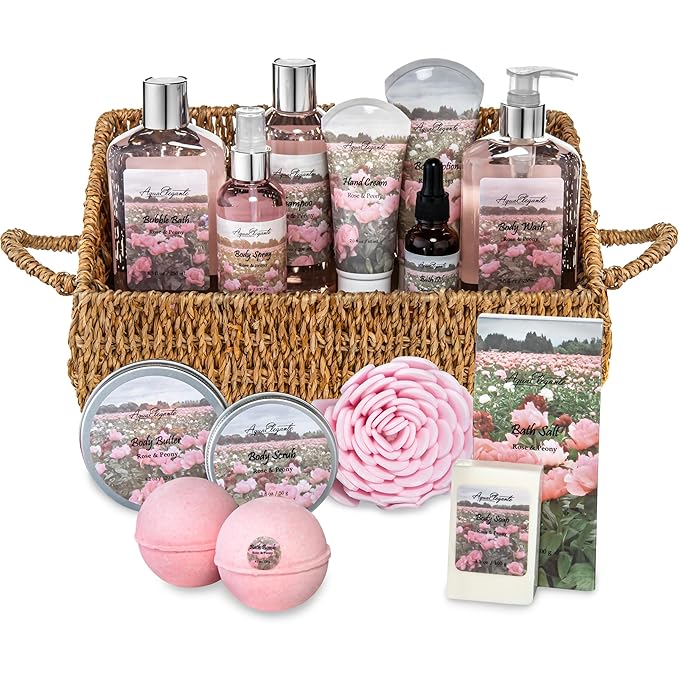 Bath Spa Gift Sets - Luxury Basket With Rose Oil & Peony - Spa Kit Includes Wash, Bubble Bath, Lotion, Bath Salts, Body Scrub, Body Spray, Shower Puff, Bathbombs, Soap and Towel - Bloomnest