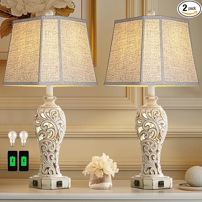 Set of 2 Rustic Table Lamps for Living Room Bedroom, Farmhouse Vintage Nightstand Lamp with 2 USB Ports, Hollow Out Resin Lamp for End Table with Nightlight, Bulbs Included (Wash White) - Bloomnest